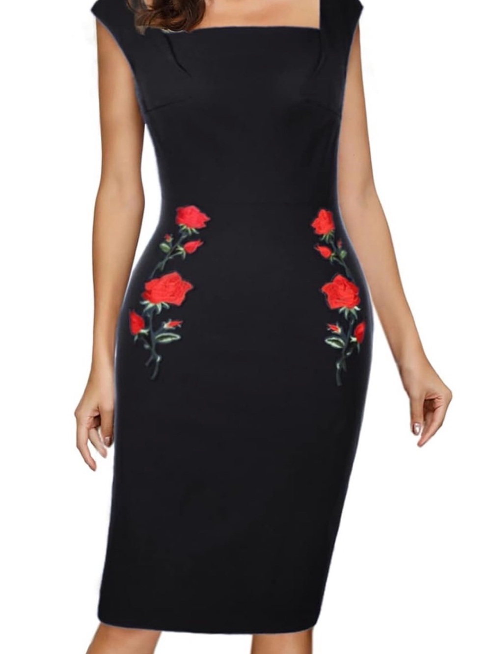 NWT Belle Poque Black Embroidered Rose Wiggle Pencil Dress XL Retro 1950s